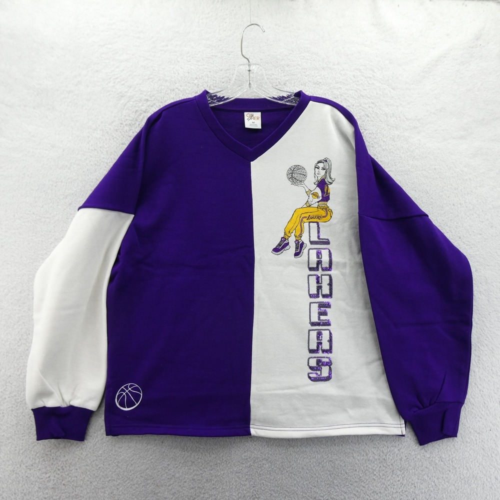 G-III Sweatshirt Womens Medium Los Angeles Lakers Purple White Sequin Vintage